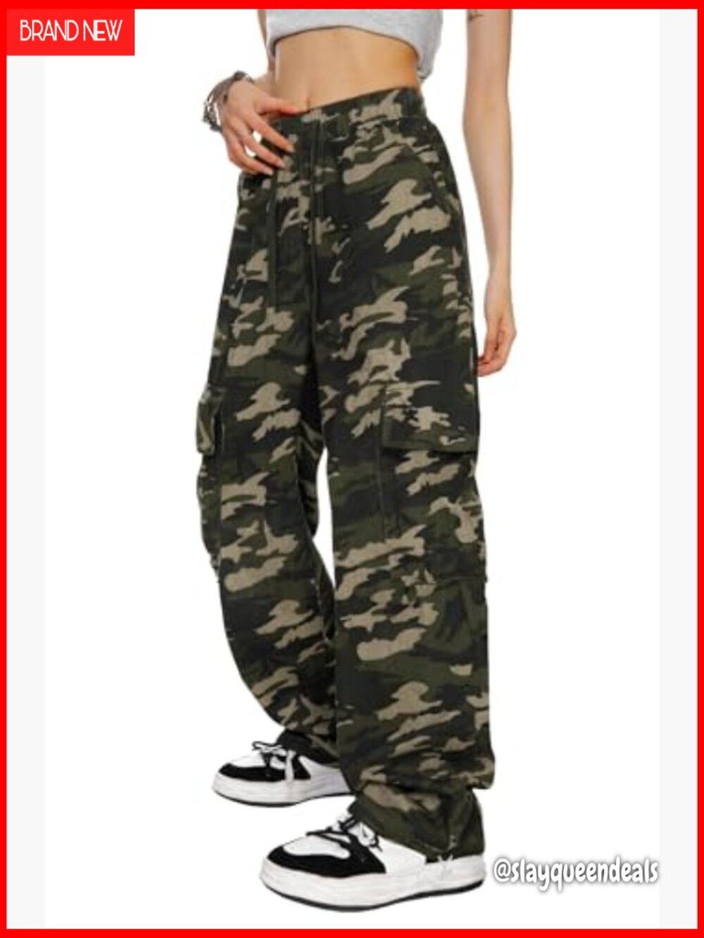 High Waisted Wide Leg Camo Cargo Pants Baggy Straight Jeans - Picture 2 of 6